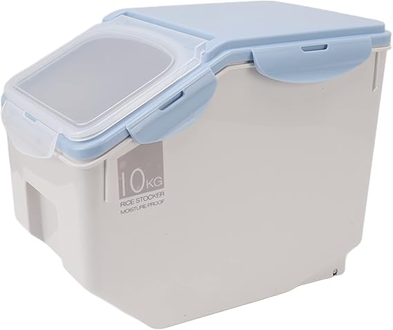 Food Grade Rice Storage Container Airtight Food Container Sealed Grain Dispenser with Airtight Lid and Measuring Cup for Kitchen Pantry Dry Flour Corn Beans (Blue 10KG)