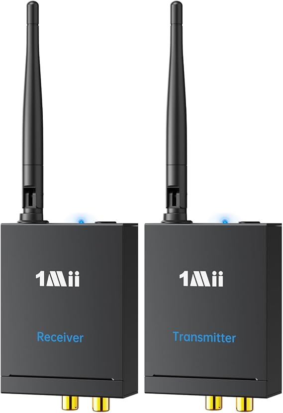 1Mii RT5066 Wireless Audio Transmitter and Receiver Set Transmitter + Receiver, Ultra Low Latency, Long Range Transmission, RCA Input/Output