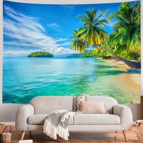 Serborlur Ocean Beach Tapestry Wall Hanging Blue Sea Beach Backdrop Wall Tapestries Tropical Paradise Palm Tree Wall Art Bohemian Tapestrie for Bedroom Home Decor