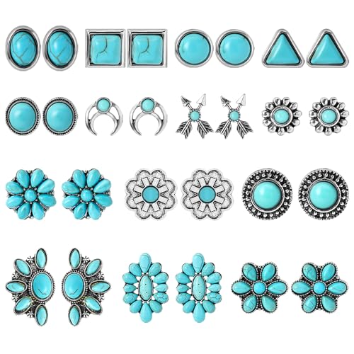 NEWITIN 14 Pairs Turquoise Stud Earrings for Women Hypoallergenic Earring Turquoises Jewelry Gemstone Oval Round Flower Shape Square Studs Turquoise Earrings for Women