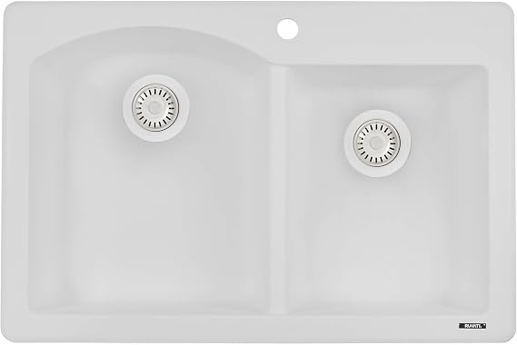 Ruvati 33 x 22 inch epiGranite Drop-in Topmount Granite Composite Quartz Double Bowl Kitchen Sink - Arctic White - RVG1344WH