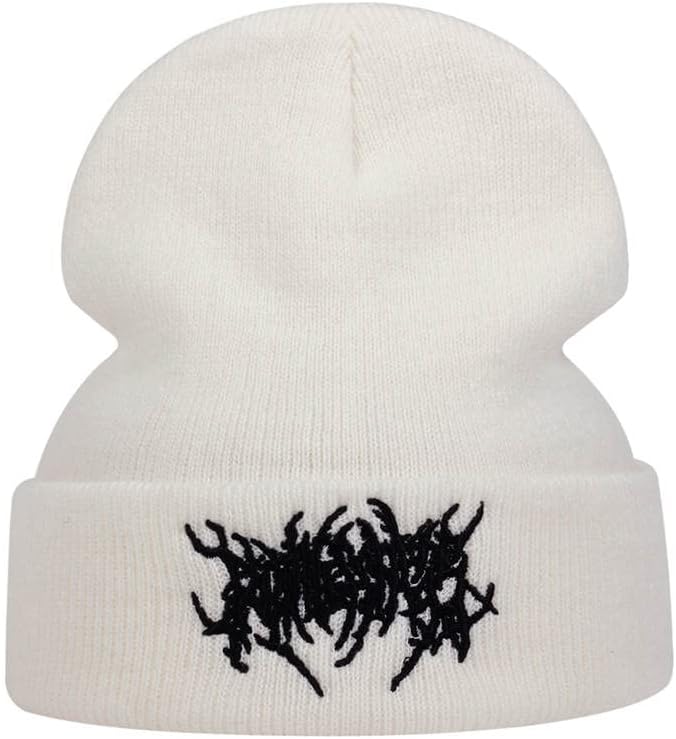 AONUOWE Gothic Beanie Hats for Women Men Grunge Emo Accessories Harajuku Y2k Punk Streetwear Winter Warm Hat Knitted Soft Cap White,One Size