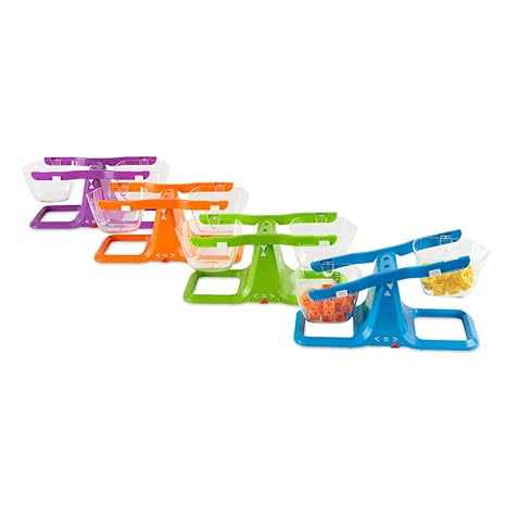 hand2mind Colorful Nestable Bucket Balance, Clear Double Bucket Balance Scale for Liquids and Solids, Easy to Assemble Kids Scale, Space Saving Storage Base, Balance Scale for Classroom (Set of 4) | Balance Scale for Classroom, School Weight Scale, Math Balance Scale for Kids, Science Centers for Preschool, Toy Scale