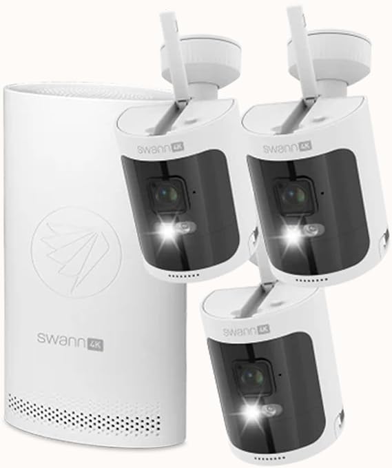 Swann AllSecure 4K Wireless Security System with 3 x Wire-Free Cameras & 3 x Rechargeable Batteries, NVR Tower, Always Charged, Always Secure