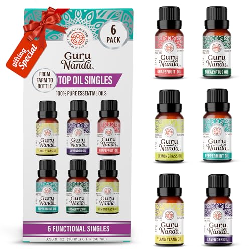 GuruNanda Essential Oils Set 6 Pack 10mL Each, Lavender, Peppermint, Eucalyptus, Lemongrass, Grapefruit & Ylang Ylang, 100% Natural Aromatherapy Oils for Diffuser, Massage & DIY Candle Making