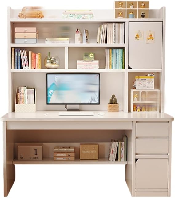 Modern Home Office Desk with Storage Shelf, with Hatch and Bookcase, Writing Desk Study Table Workstation with Drawers and Shelves, Computer Desk, Multifunctional, Fashionable, Simple, Easy to