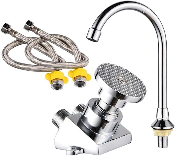 Foot Pedal Faucet, Hands Free Foot Pedal Sink Faucet, Single Cold, 2 Hoses | Flush Mount Metal Body, Stainless Finish, Easy-Match Look, Single Cold Water Faucet for Bathroom, Kitchen and Hand Sink