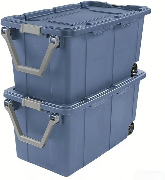 40 gallons sturdy plastic storage box, with snap-lock lid and handle, blue, 2-pack