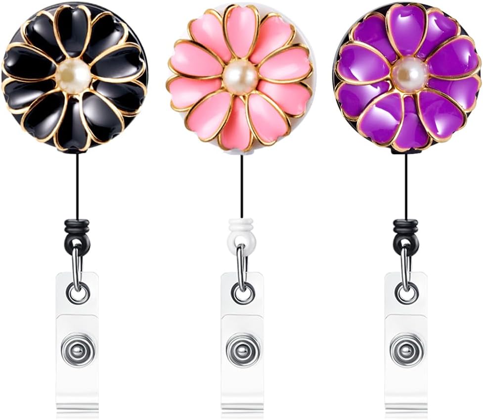 3 Pack Pearl Badge Reels Retractable, ID Badge Holder with Alligator Clip, Lightweight, 24" Easy Retracting Cord (3BlackPinkPurple)