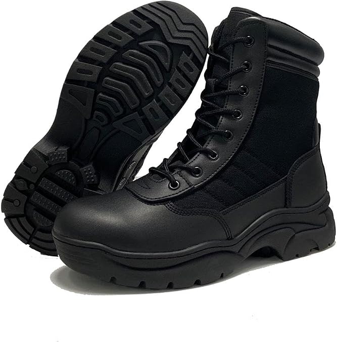 Mens Tactical Boots – Genuine Leather Military Army Boots with Side Zipper, Waterproof Work Boots for Men Footwear