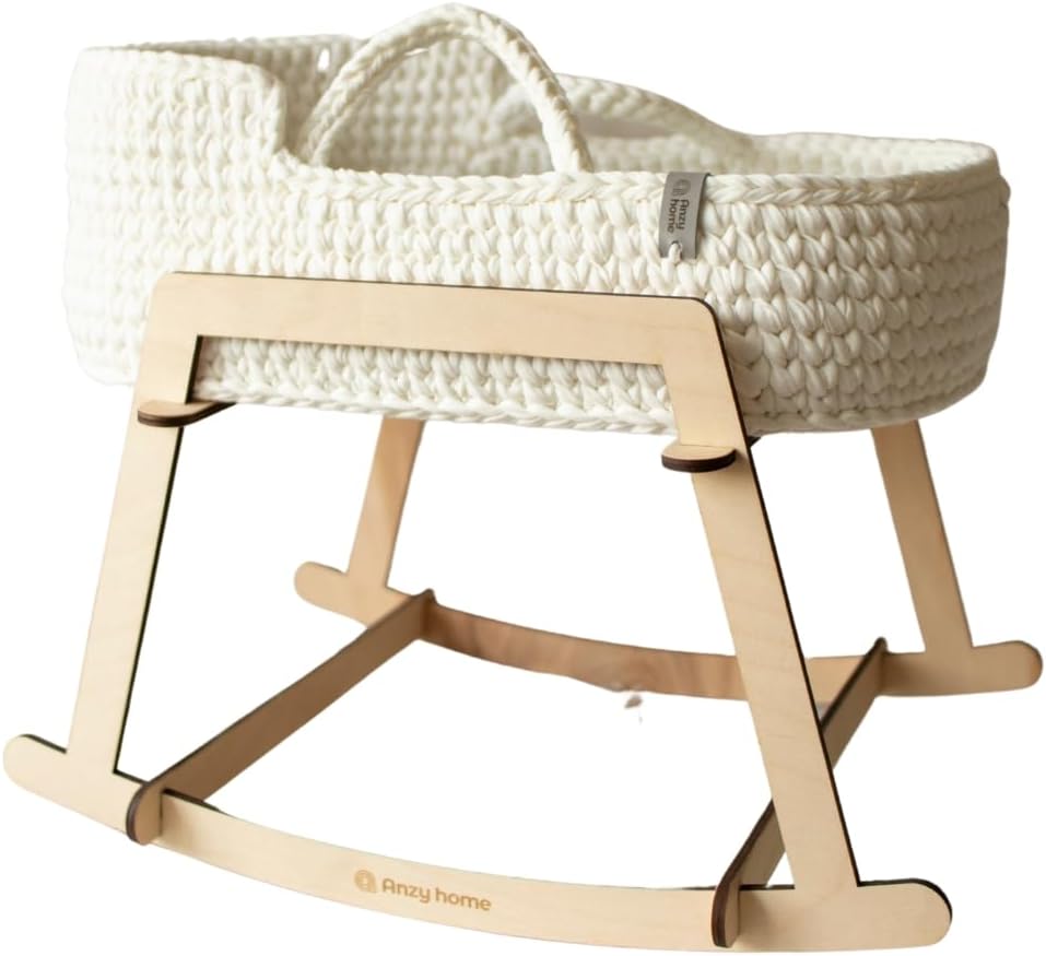Doll bassinet Doll cradle Baby doll crib Baby doll furniture Boho doll bed Toy carrycot Crochet doll basket Birthday girl gift Pretend play Beige  Bedding No1, With rocking stand