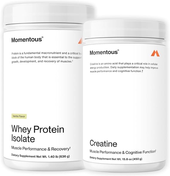 Momentous Creatine Monohydrate Powder & Essential Grass-Fed Whey Vanilla Protein Powder - Supports Strength, Lean Muscle, Recovery - 20 g Isolate Protein - NSF Certified for Sport - Gluten-Free