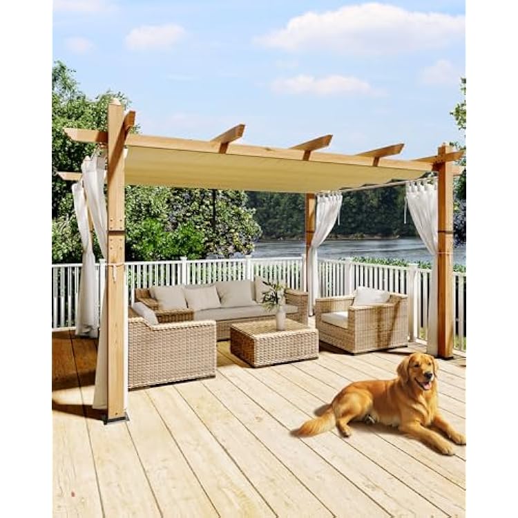 KYBOLT 10x13 Ft Outdoor Pergola with Retractable Canopy Aluminum Gazebo Imitation Wood-Grain Post with Side Mesh Screen Pavilion for Backyard DeckBeigeWhite