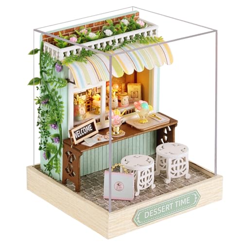 Miniature House Kit, CUTEROOM Tiny House Kit Wooden Dollhouse Kit Mini House Making Kit with Dust Cover, DIY Dollhouse Kit Birthday Gift Dessert Time
