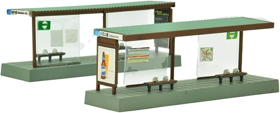 TomyTEC Model Bus Stop - 1/150 Scale, Set of 2, Includes Base, Pillars, Roof, Bench, Requires Assembly, Ages 6+