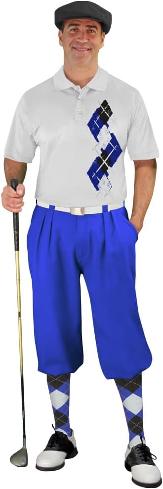 Argyle Paradise Outfit - Mens QQ: Royal Blue Black and White Complete Golf Outfit - Waist Size 34 - Shirt Size Medium