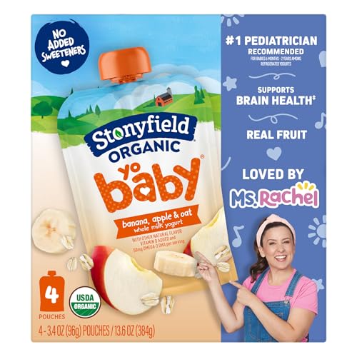 Stonyfield Organic YoBaby Whole Milk Banana & Oat Yogurt Pouches for Babies 6 Months & Older, 3.4 oz., 4 Ct