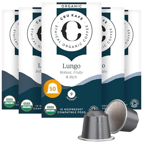 Cru Kafe Lungo Americano Strong USDA Organic Espresso Coffee Capsules 50 Pods Fairtrade Coffee Pods Compatible with Nespresso Original Line and Pixie Machines