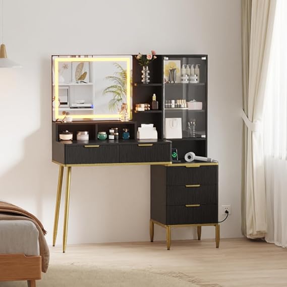 5 Drawer Makeup Vanity Desk With Lights & Power Outlet, Modern Fluted Design, 23.6" HD Lighted Mirror, Solid Wood Legs, Ample Storage Shelf for Women & Girls - Perfect for Bedroom or Dressing Room