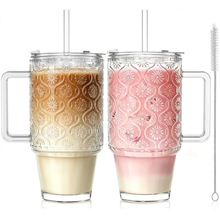 KEMORELA 24oz Ribbed Glass Cups with Lids and Straws,Glass Tumbler with Handle,2 setReusable Glass Ice Coffee Cups with Lid and Straw for Smoothies,Tea,Juice,Boba Cup for Cold & Hot Drinks,Travel Cup
