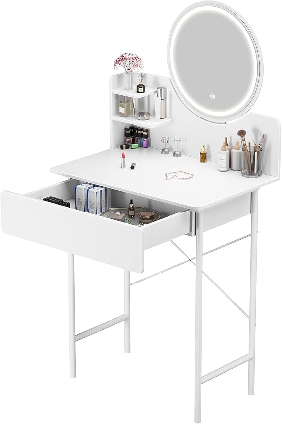Vanity Desk with LED Lighted Mirror, Makeup Vanity with 1 Drawer and 2 Opening Shelves, Small Vanity Bedroom Dressing Table, 3 Modes Brightness Adjustable White