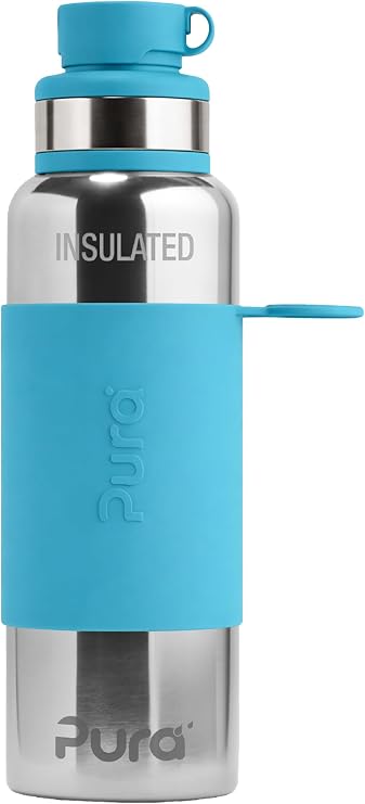 Pura Insulated Stainless Steel 22oz Sport Water Bottle | BPA Free & Plastic Free Silicone Sleeve & Spill Proof Silicone and Stainless Steel Lid for Kids & Adults - Aqua