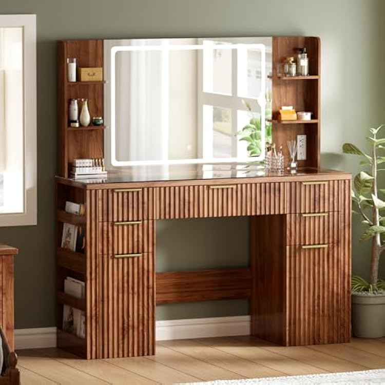 47.2 Fluted Makeup Vanity Desk with Large 28.7 Mirror and Lights, 5 Drawer Vanity with Power Strip, 6 Open Shelves, 2 Cabinet, Modern Bedroom Vanity Featuring Visual Transparent Glass. Walnut