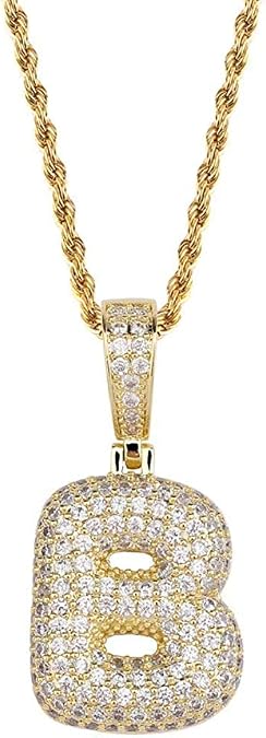 Apzzic Stainless Steel Iced Out Letter Pendant Necklace A-Z 26 Capital Initial Alphabet Name Necklace Rope Chain Personalized Jewelry Gift for Women