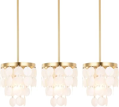 ALICE HOUSE 3 Pack Mini Pendant Lights for Kitchen Island, Capiz Shell Coastal Hanging Lamps, Brushed Brass Modern Pendant Lighting for Dining Room AL2608-P3