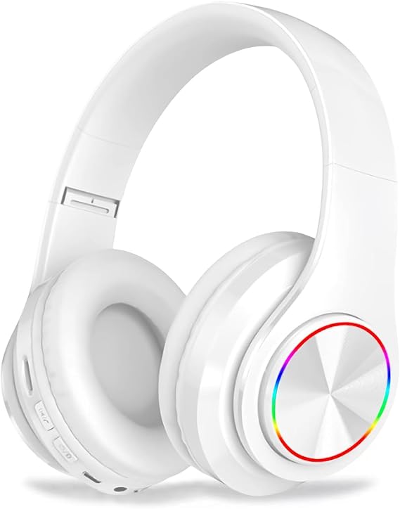 Bluetooth Headphones Over Ear, Foldable Wireless Headset, Lightweight Headphones with Built-in Noise Reduction Microphone, FM, SD/TF for Online Class, Office, PC, Phone (White)