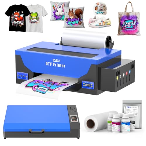 DSV DTF Printer A3 Roll L1800 Transfer Printing Machine,High-Speed Print for Fabrics,13 Wide DTF Bundles,White Ink Circulation & Auto-Cleaning, 2-Year Free Ink Blue, Printer