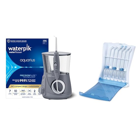 Bundle with Waterpik Aquarius Water Flosser, Gray WP-667 with Convenient, Hygienic and Sturdy Tip Storage Case with 6 Replacement Flossing Tips, Electric Dental Countertop Professional Oral Irrigator