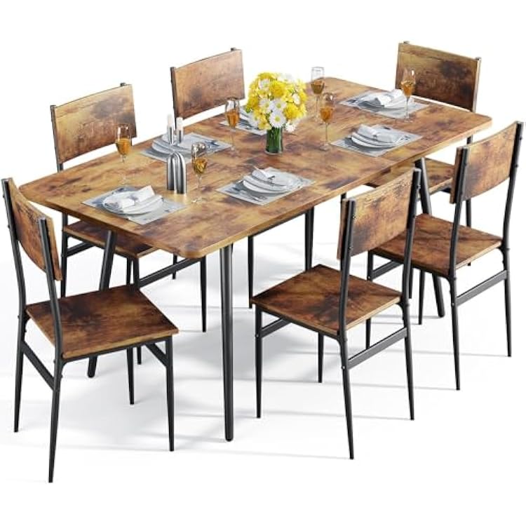 63 Extendable Dining Table Set for 4-6 People, 7-Piece Dining Table Set for 6 People with 6 Chairs, MDF Wood Board Kitchen Table Set for Small Space and Apartment, Rustic Brown