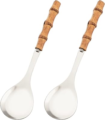 Serving Spoons Set of 2, 10.0 Stainless Steel Serving Spoons with Natural Bamboo Handle, Silver Large Serving Utensils of Spoons, Big Ladle for Buffet, Party, Banquet, Kitchen, Tablespoons Flatware