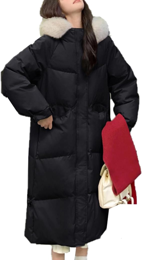 KEX Lightweight Long Down Coat, Down Outerwear, Outerwear, Below Knee, Luxury, Fashion, A-Line, Slimming, Water Repellent, Autumn, Winter, Winter Clothing, Fur Hooded, Solid, Loose, Thick,