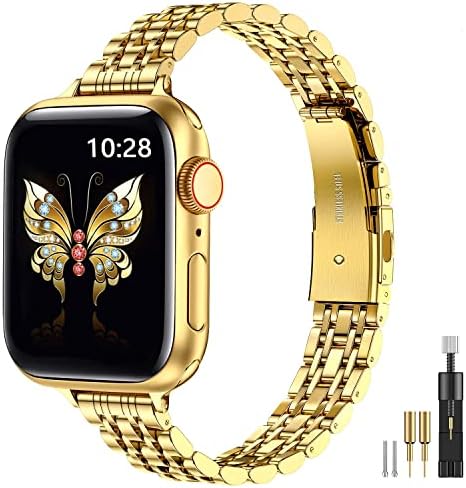 MioHHR Slim Metal Band Compatible with Apple Watch Band 42mmSeries 11 10 41mmSeries 9 8 7 40mmSeries 6 5 4 SE321 38mmSeries 3 2 1,Stainless Steel iWatch Bands for Women,Gold