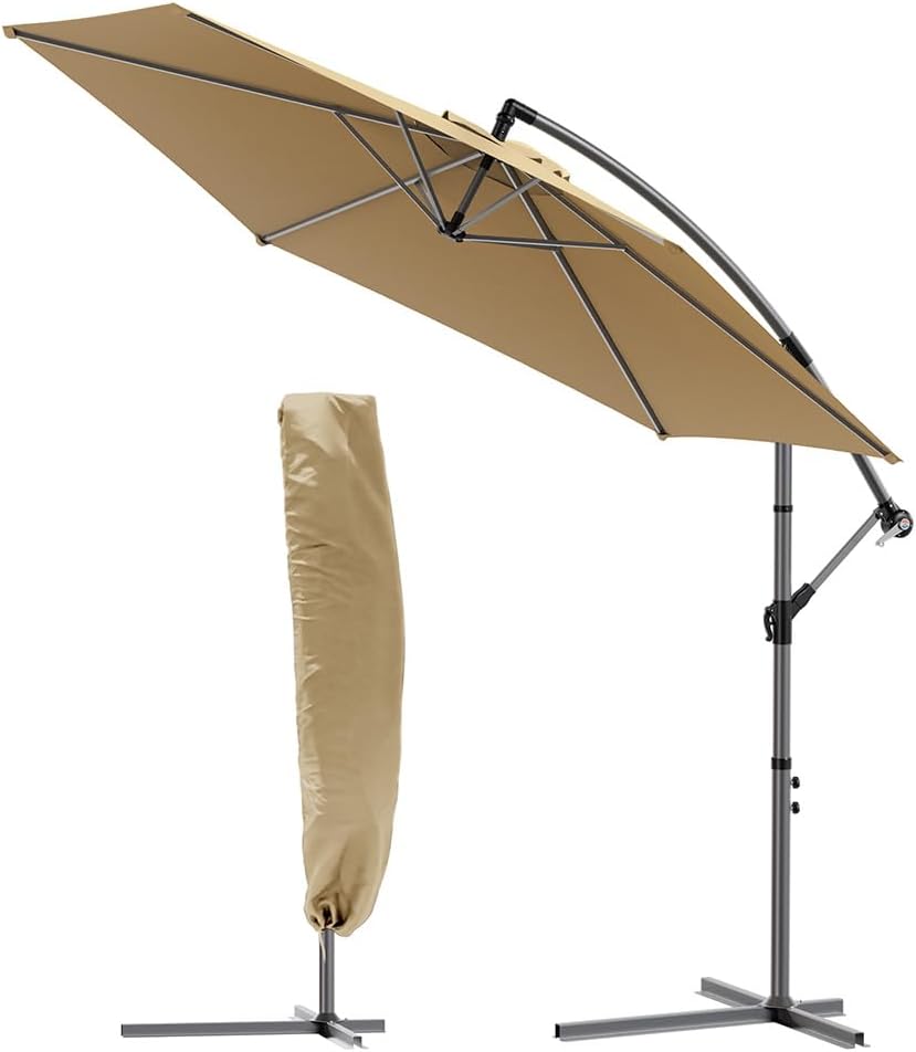 VOUNOT® 3m Cantilever Garden Parasol, Banana Patio Umbrella with Crank Handle and Tilt for Outdoor Sun Shade, Khaki
