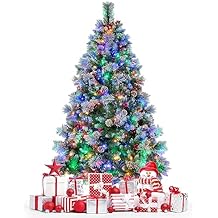 GOFLAME 6FT Pre-Lit Christmas Tree with Pine Needles, Hinged Artificial Xmas Tree with 747 Branch Tips, 350 LED Lights, 55 Pine Cones & 55 Red Berries, Holiday Decoration Tree with 11 Lighting Modes