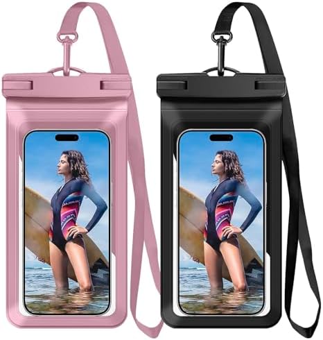 Universal Waterproof Phone Case,with Inside Card Pack,Large Dry Bag Up to 8.3,Compatible with iPhone 17161514 Pro Max, IPX8 Cellphone Travel Beach Essentials for Beach, 2 Pack-Black &Pink