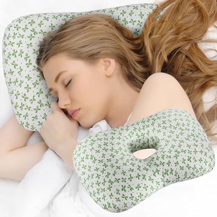 Ear Piercing Pillow with an Ear Hole, Cotton and Polyester Side Sleeping Pillow for CNH and Ear Pain Ear Inflammation Pressure Sores for Side Sleepers, Ear Guard Pillow Green Flower