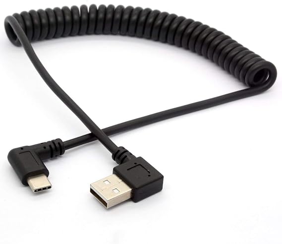 Angled USB C to USB A 2.0 Extension Cord 90 Degree USB C Adapter Lead(1.5m) | Coiled USB Type C Cable (USB 2.0 Left)