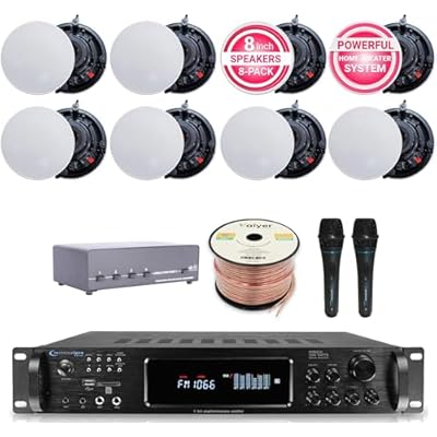 Sound System Kit - 7.2 Channel 1500 W Bluetooth Amplifier w 8 Qty of 5.25 Frameless Ceiling Speakers 175W Each, 4-Ch Speaker Selector, 2 Qty of Mic, 250 ft Speaker Wire by Vaiyer