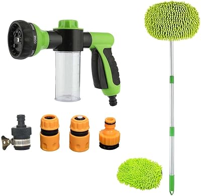 Car Washing Hose Spray Nozzle With Washing Mop Kit – Water Foam Gun with Reservoir for SoapFertiliser– 8 Mode Jet Wash Sprinkler & Cleaning Mop for Pets, Car Washing, Gardening, Lawn Green with mop