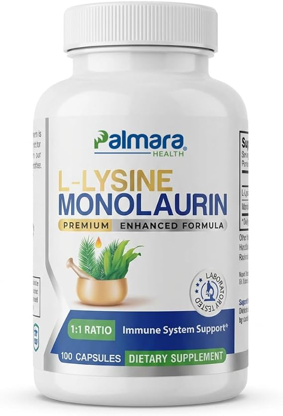 Palmara Health L-Lysine with Monolaurin 600mg 1:1 Ratio, 1 Pack, 100 Capsules
