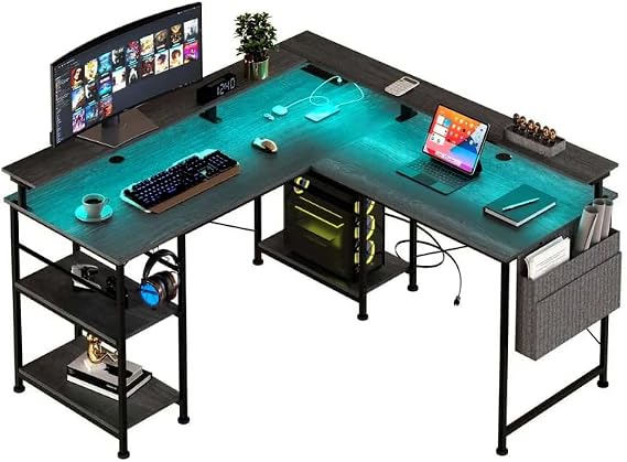 Gaming Desk L-Shaped with LED and Sockets 140 x 140 cm Corner Desk Reversible Computer Desk with Monitor Shelf 4 Shelves and Side Pockets for Home Office and Office