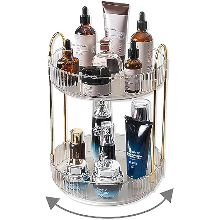 Asayuee 360 Rotating Makeup Organizer,2 Tier Large Capacity Make Up Organizers and Storage,Skincare Perfume Vanity Organizers,Bathroom Cosmetics Storage Organizer CountertopClear-2 Tier