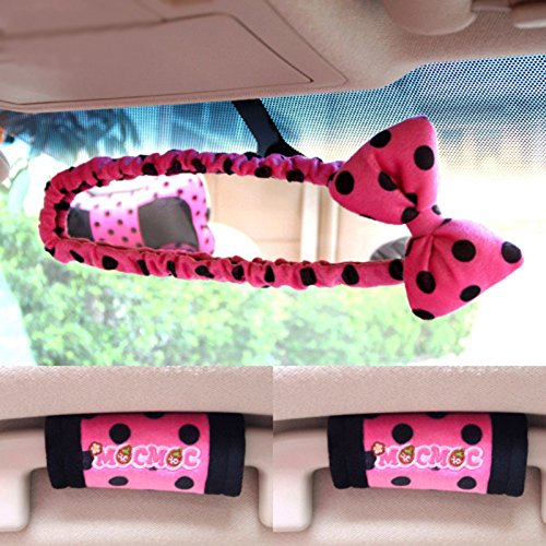 Black Pola Dots Sweet Bowknot Car Rearview Mirror Cover Hot Pink
