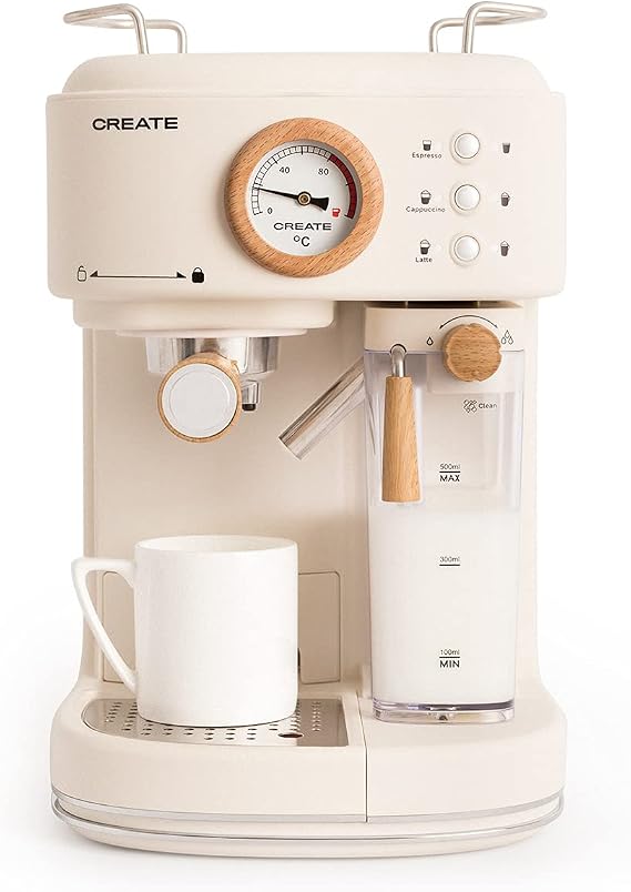 CREATE Thera Retro Pro Semi-Automatic Espresso Coffee Machine Cream White 20 Bar Milk Tank Drip Tray Two Spouts Capacity 1.5 L for Ground Coffee 1250 W