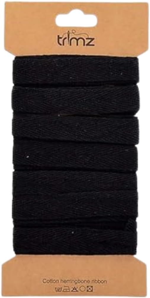 Trimz Single Herringbone Cotton Ribbon, Black, 15mm x 5m