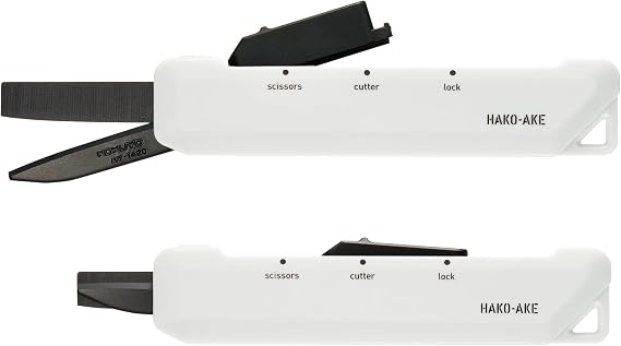KOKUYO 2-Way Portable Scissors, HAKO-AKE Compact Pocket Size Travel Scissors, Black Blade All Purpose Craft Scissor Box Cutter for Office, Travel and Home. White(Hasa-T420W)